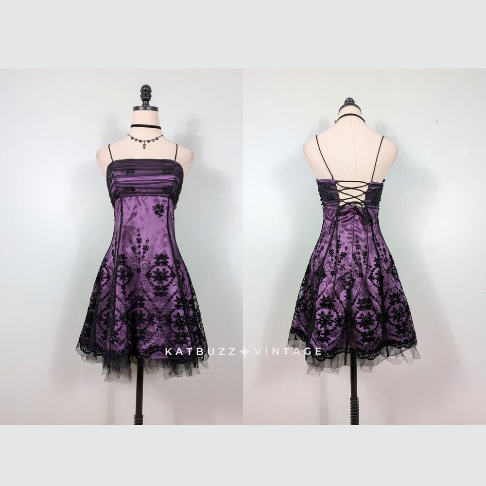 Vintage Nites Prom Dress Mini Hoco Gown 8 Purple Black Fairy Goth Corset Floral